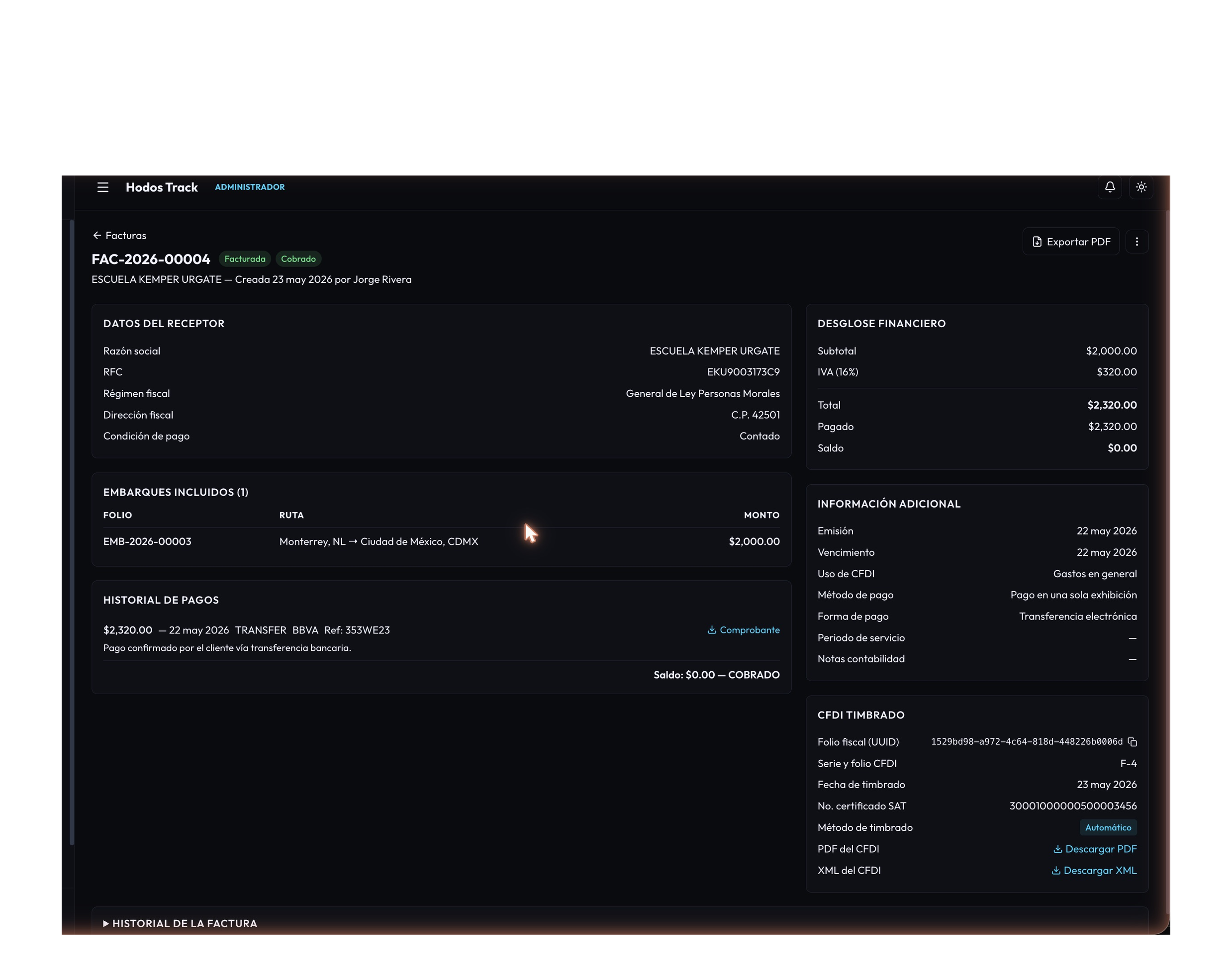 Ficha de factura CFDI timbrada en Hodos Track