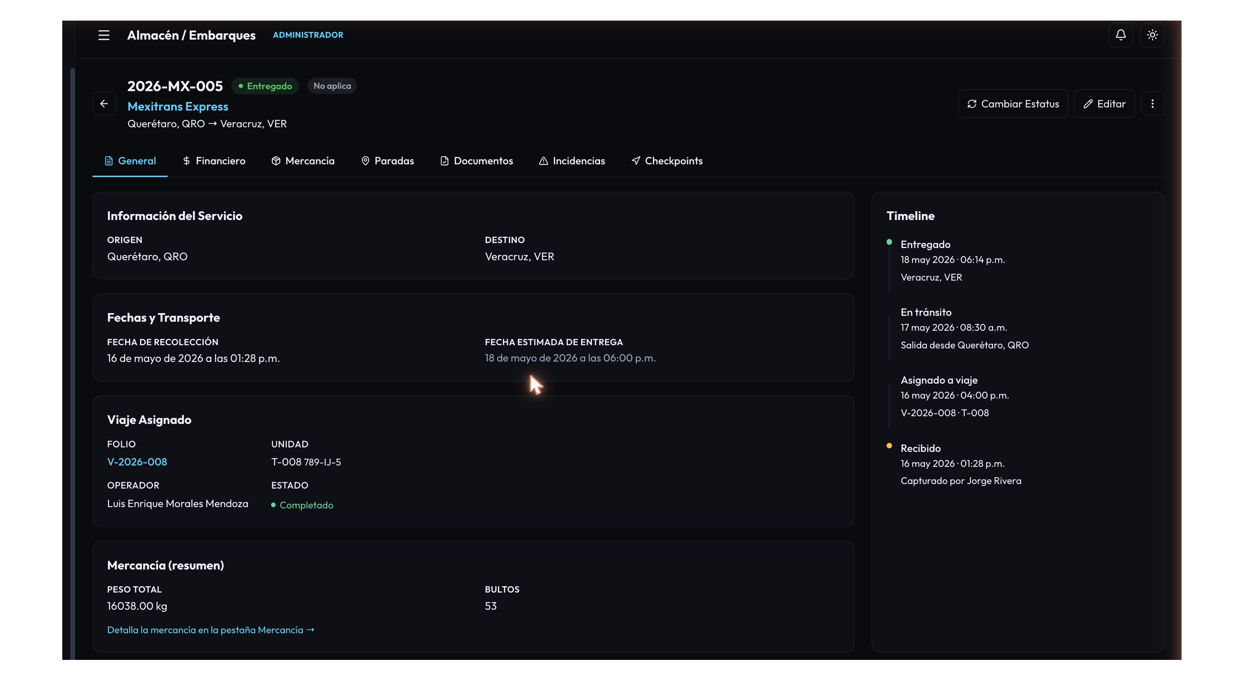 Ficha de detalle de un embarque en Hodos Track
